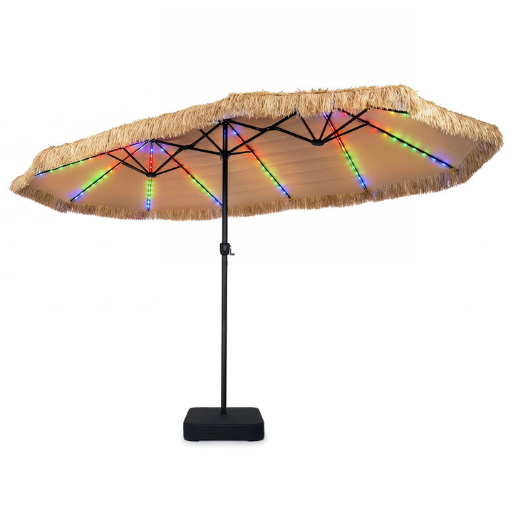 15 x 9 FT Solar Double Sided Umbrella with 144 Color Changing Lights and Durable Base Included