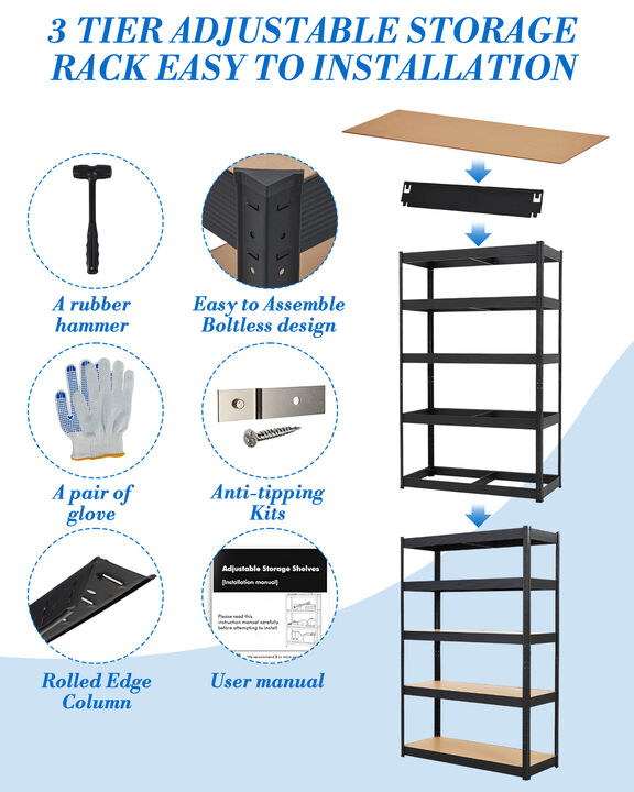 Heavy Duty 5-Tier Adjustable Metal Shelving Unit, 2000-3000 lbs Load Capacity, Perfect for Garage, Kitchen, Pantry & Workshop
