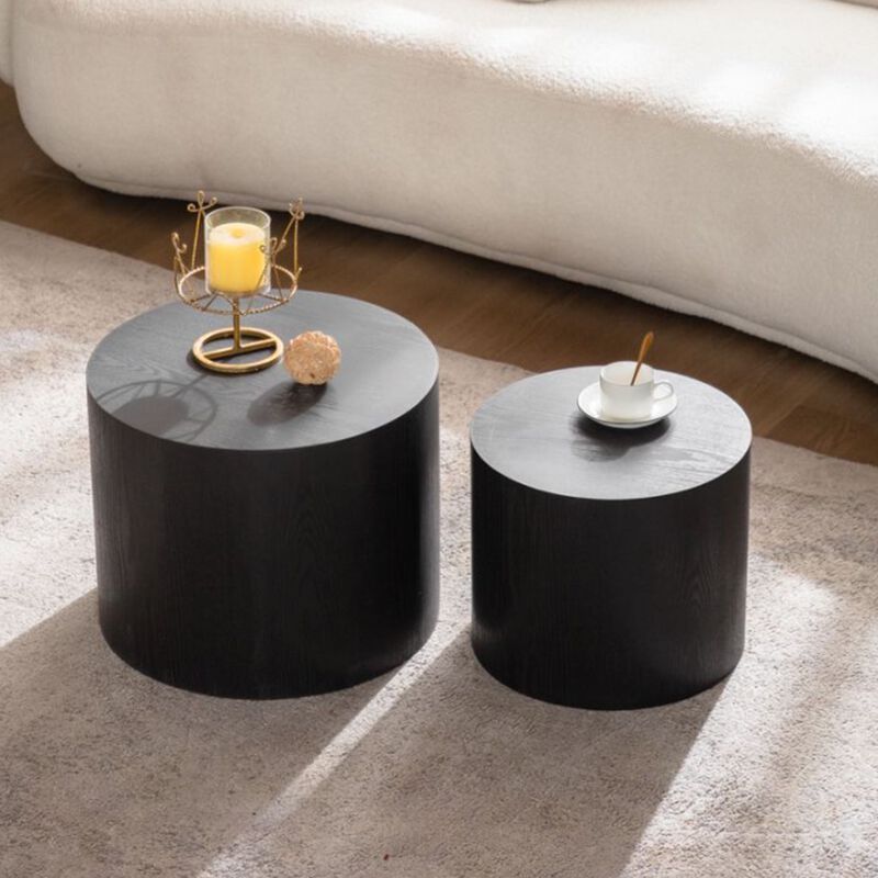 Modern Round Drum Nesting Coffee Table Set of 2, Wooden Cylinder Coffee Tables for Living Room, Space-Saving Design image number 2