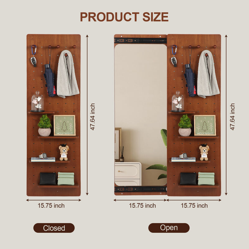 ELEMENT ACE Wall-Mounted Full Length Mirror with Sliding Panel, Multi-Functional Storage Shelves & Hooks, Space Saving for Bedroom, Living Room, Entryway image number 2