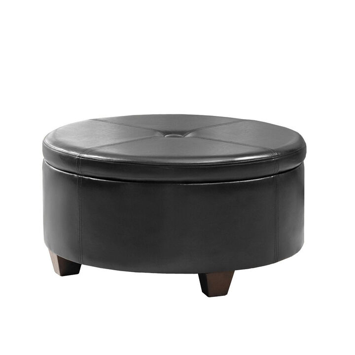Leatherette Single Button Tufted Round Ottoman with Wooden Feet, Large, Black and Brown - Benzara