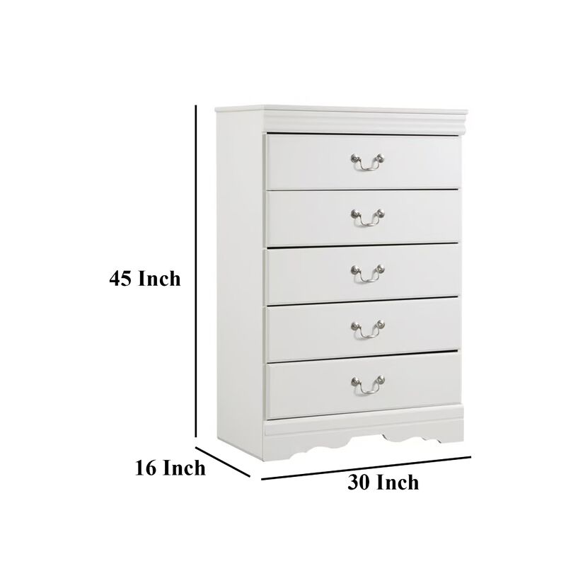 Roso Tall Dresser Chest, Classic White, 5 Drawers Pewter Metal Handles