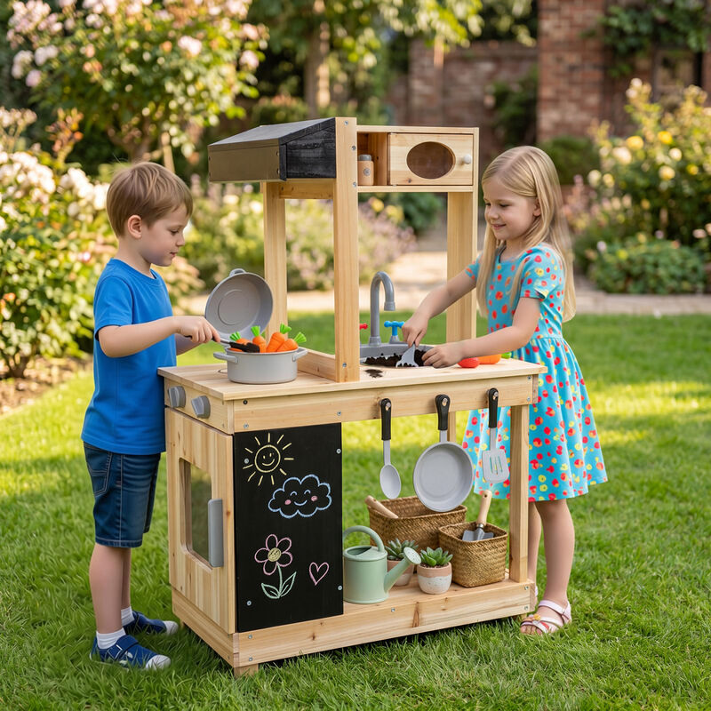Wooden Mud Kitchen Kids Outdoor Playset with Stove Chalkboard image number 1