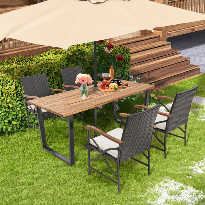 Mondawe 5-Piece Patio Luxury Rattan Dining Set W/ Acacia Tabletop,Plush Cushions & Umbrella Hole