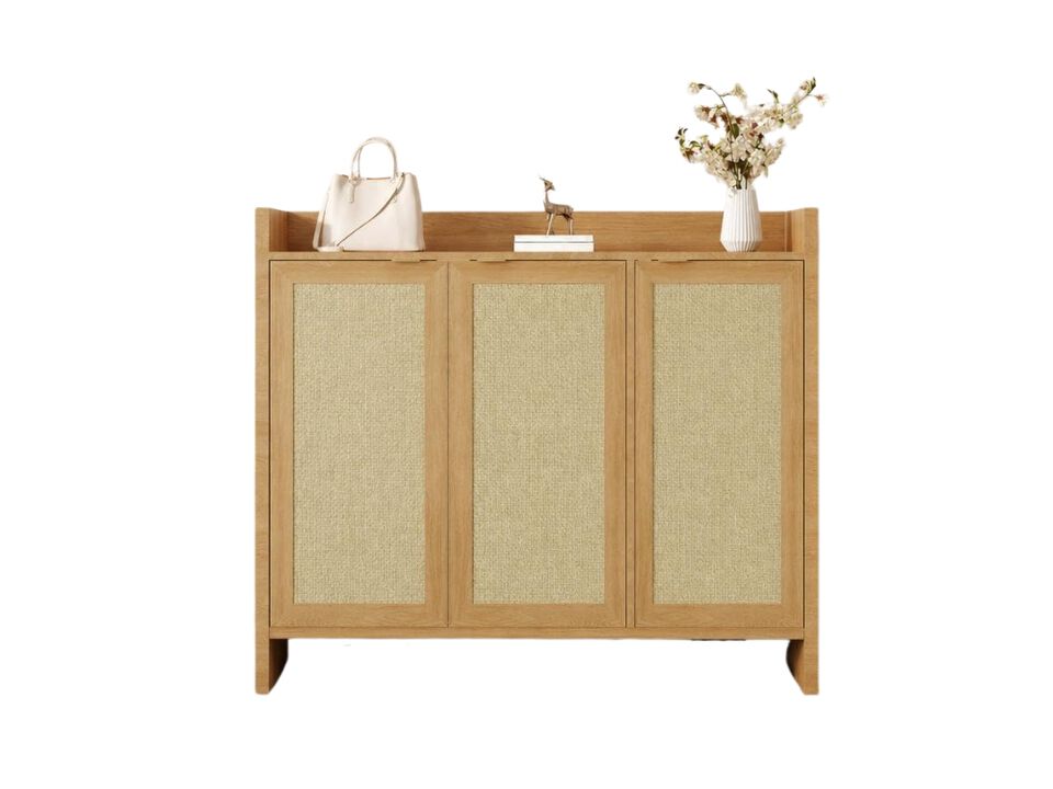 Entryway Wood Shoe Storage Cabinet Adjustable Shelves Oak Rattan