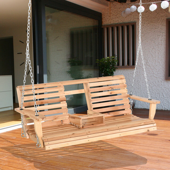 Hivvago Wooden 3-Person Porch Swing with Chains and Cup Holders