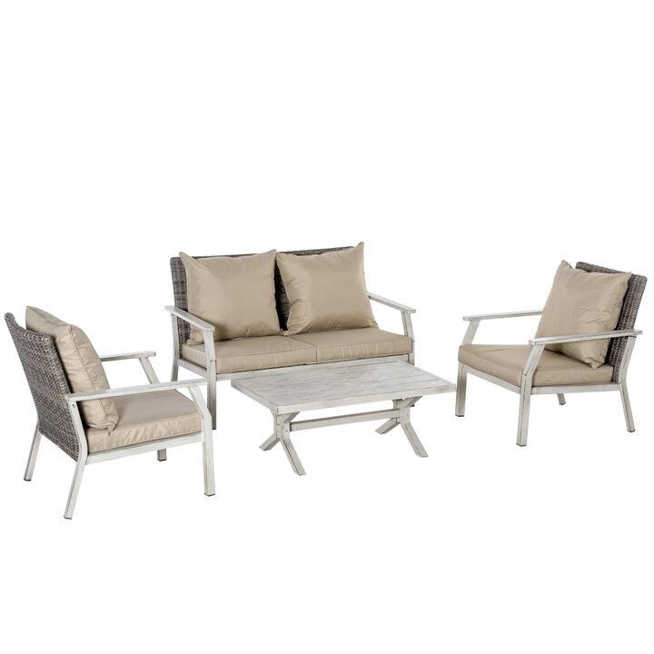 4 Pieces Wicker Sectional Conversation Sets, Outdoor PE Rattan Loveseat Aluminum Frame Furniture w/ Coffee Table for Patio, Beige
