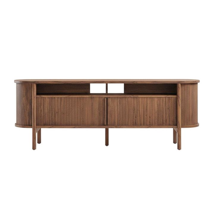 Curved TV Stand in Brown, Rubberwood Solids, Walnut Veneers, Stylish Storage