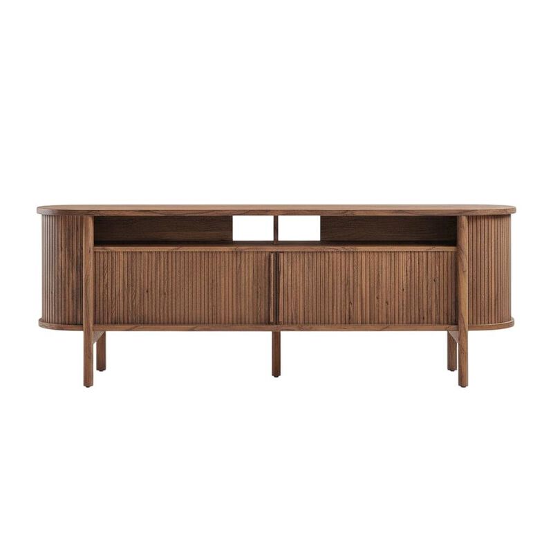 Curved TV Stand in Brown, Rubberwood Solids, Walnut Veneers, Stylish Storage image number 1