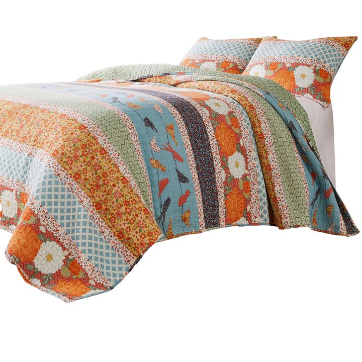 2pc Twin Quilt and Pillow Sham Set, Floral and Songbirds Prints, Multicolor - Benzara