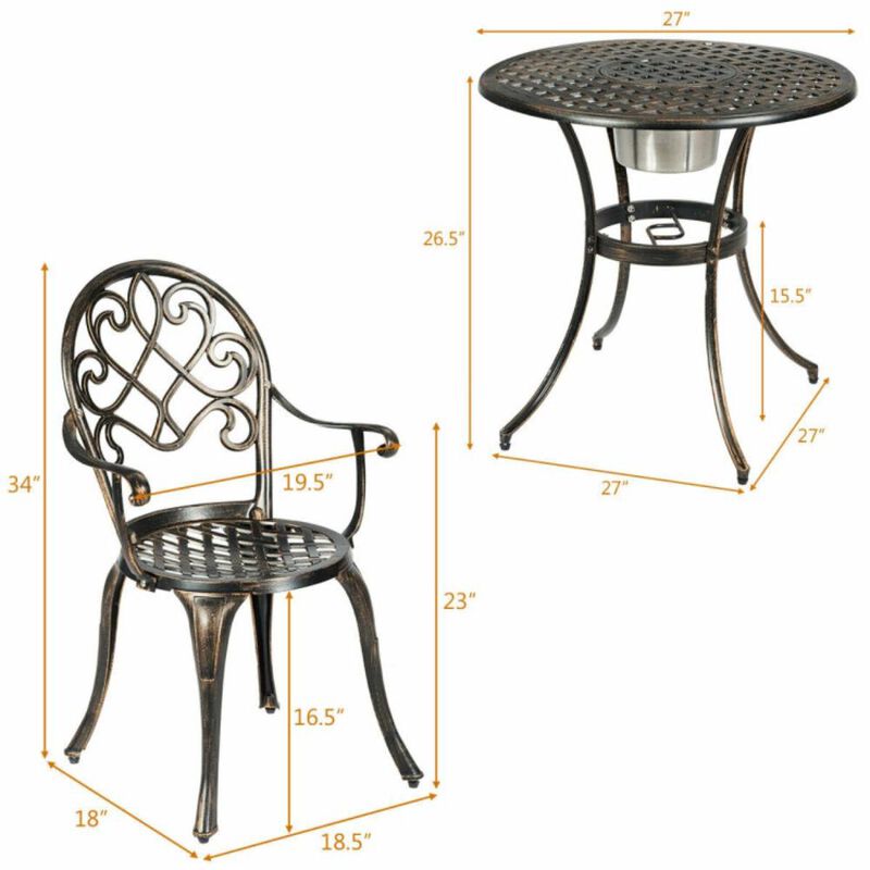 Hivvago 3 Pieces Outdoor Set Patio Bistro with Attached Removable Ice Bucket