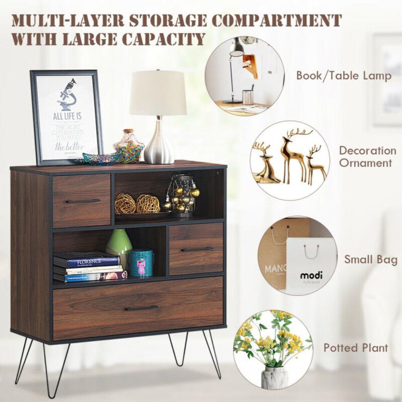 Hivvago 3-Tier Wood Storage Cabinet with Drawers and 4 Metal Legs