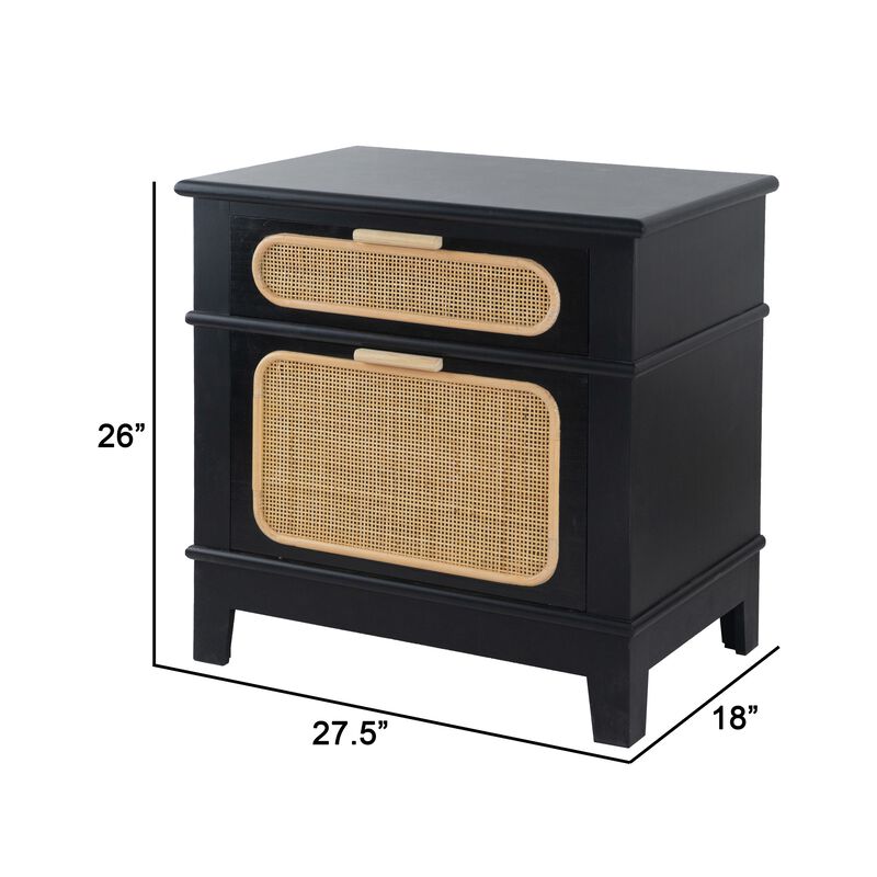 Dana 27 Inch Bedside Table, 2 Rattan Drawers, Pine Wood, Black, Brown - Benzara