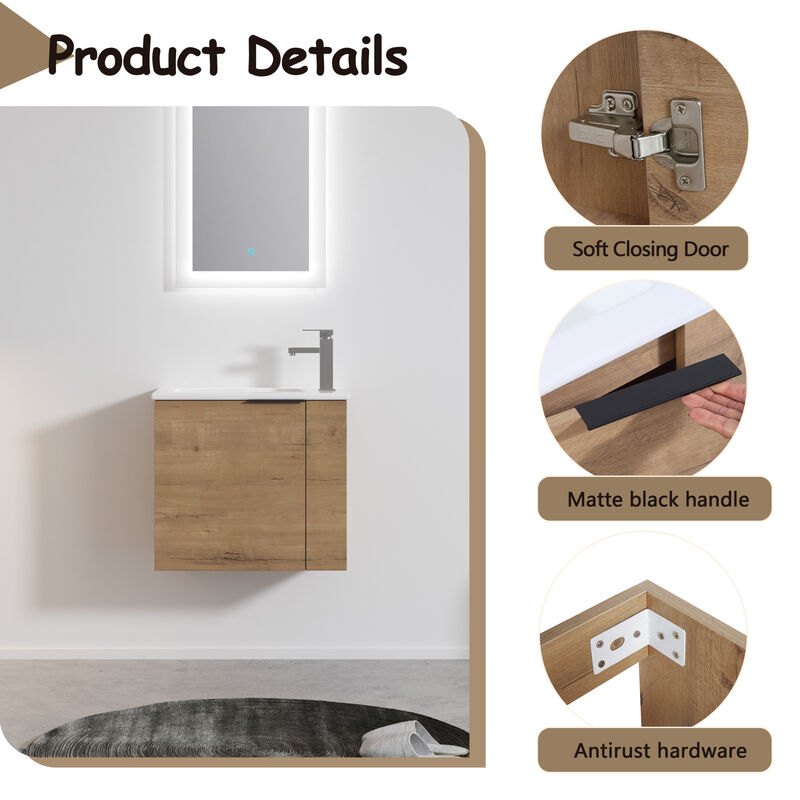 ELEMENT ACE Compact Floating Bathroom Vanity with Ceramic Sink and Soft Close Doors image number 6