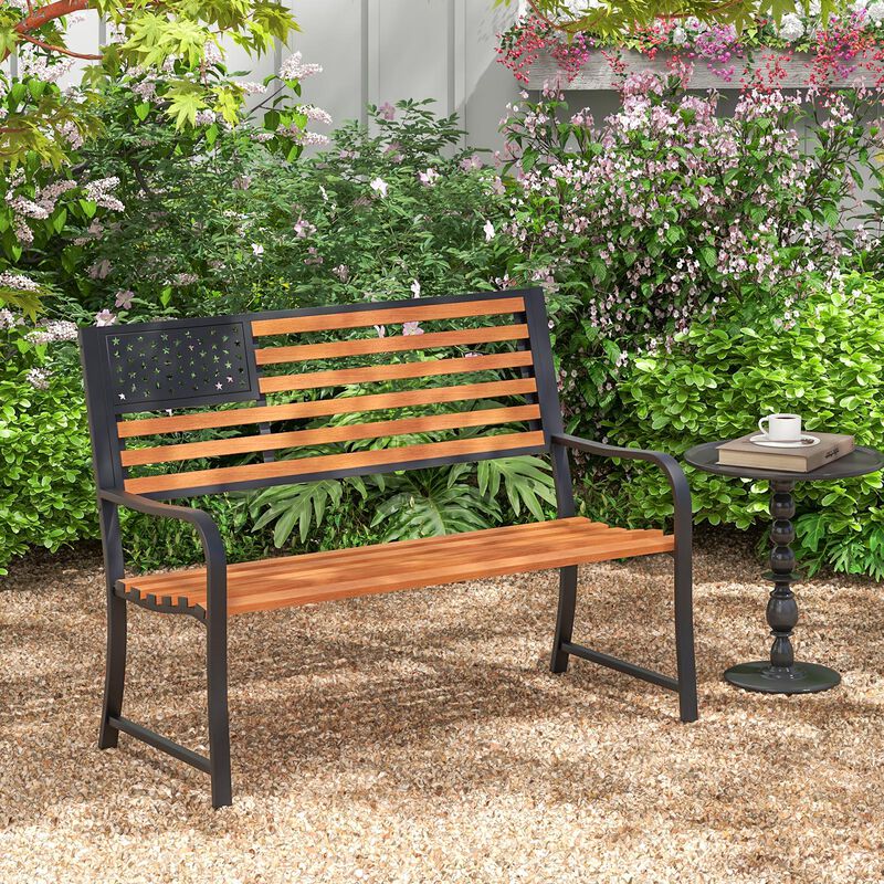 Outdoor Patio Bench with Rustic Flag Back Design and Faux Wood Texture