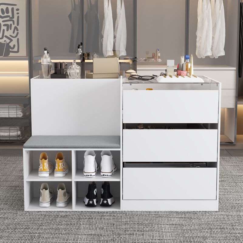 Armoire Bedroom Island Wardrobe Closet Island with 9 Drawers & Glass Tabletop, Island Dresser with Cushion Bench, Closet Island for Bedroom Cloakroom White (47.2&rdquo;W x 27.5&rdquo;W x 31.5&rdquo;H) image number 1