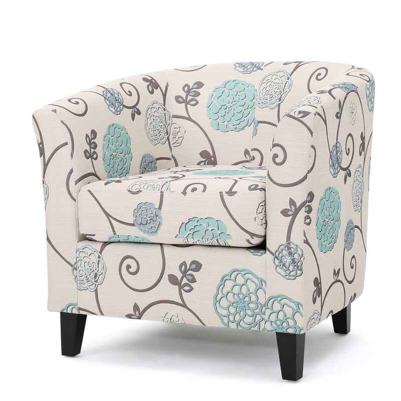 Accent Club Chair, Round Arms, Cream Blue Fabric Floral Details, Birch Wood
