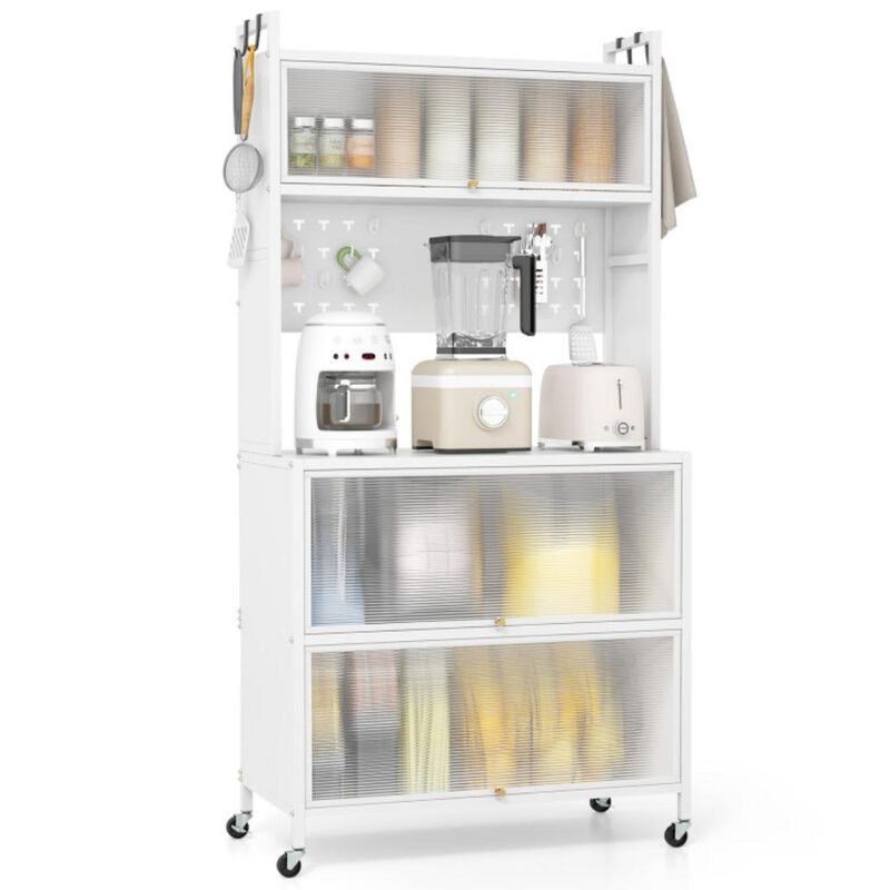 Hivvago 5 Tier Kitchen Bakers Rack with Lights Multifunctional Microwave Stand with Flip Door Cabinets