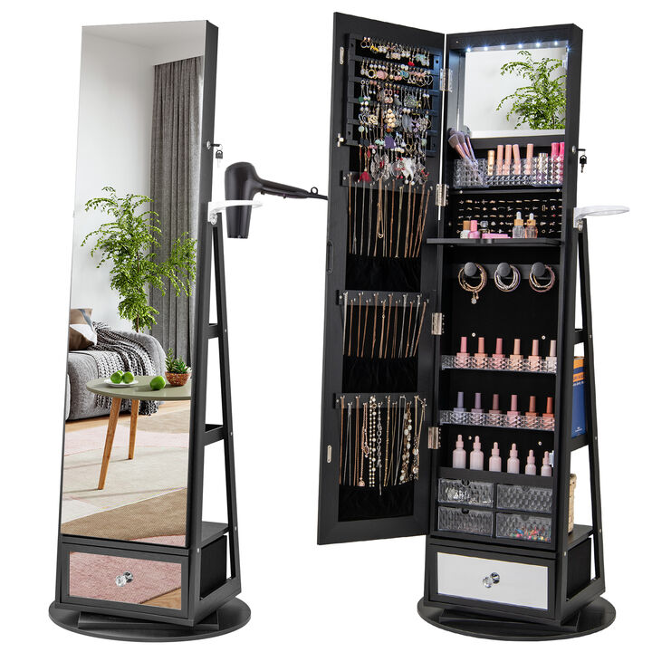 Lockable 360&deg; Swivel Jewelry Cabinet with Full-Length Mirror LED Lights
