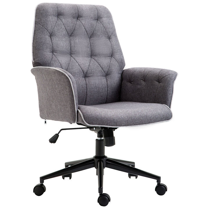 Vinsetto Linen Home Office Chair, Tufted Height Adjustable Computer Desk Chair with Swivel Wheels and Padded Armrests, Dark Gray