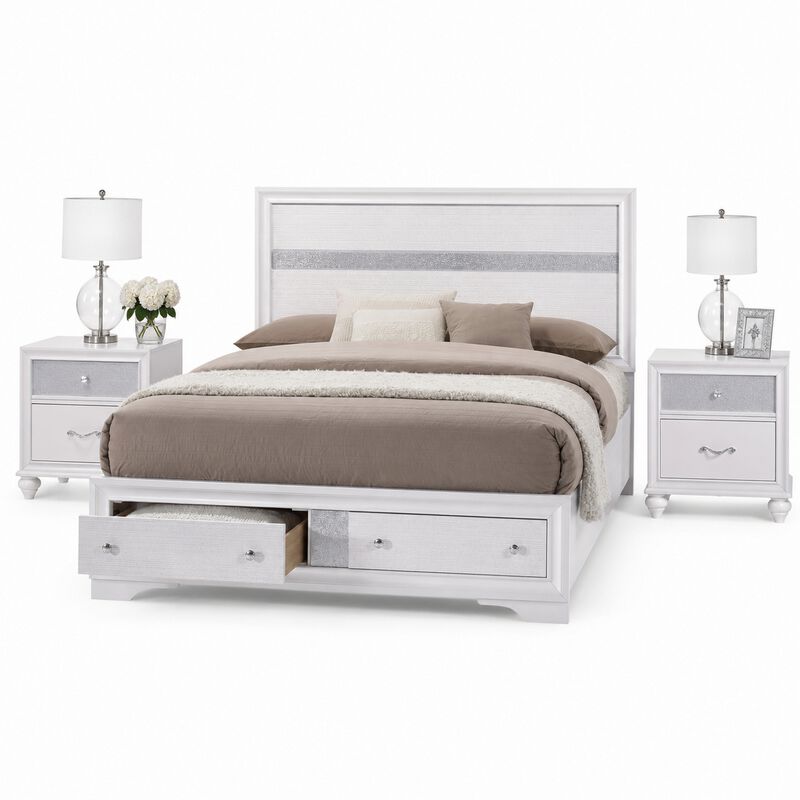 King Bedroom Set, White Wood, 3 Piece Set with 2 Nightstands image number 0