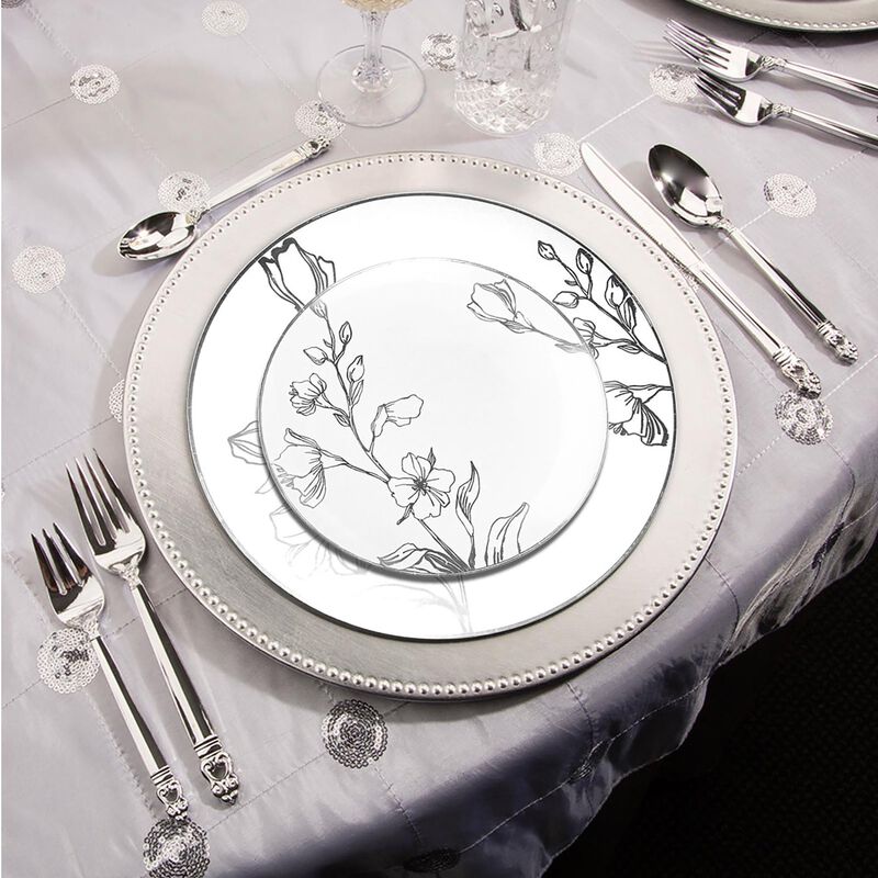 White with Silver Antique Floral Round Plastic Wedding Value Set (30 Sets) image number 8
