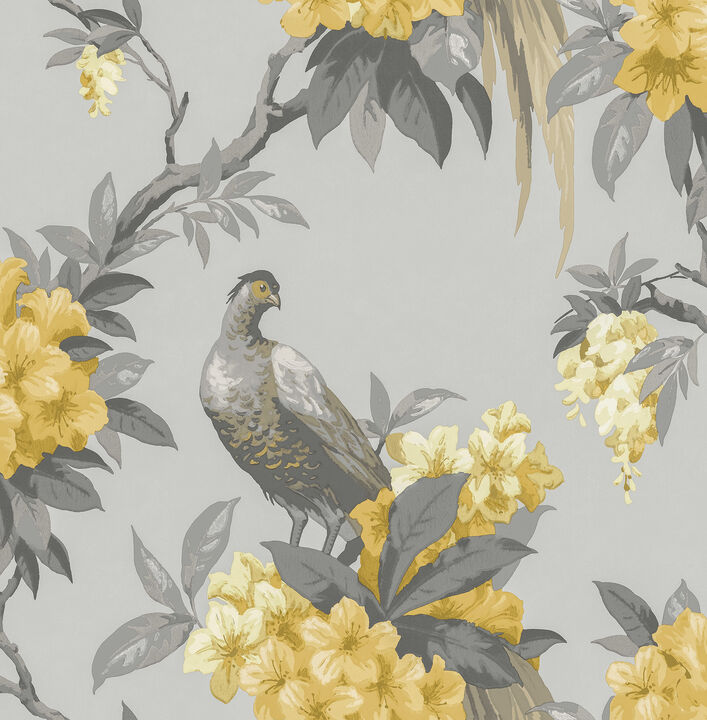 Golden Pheasant Grey Floral Wallpaper