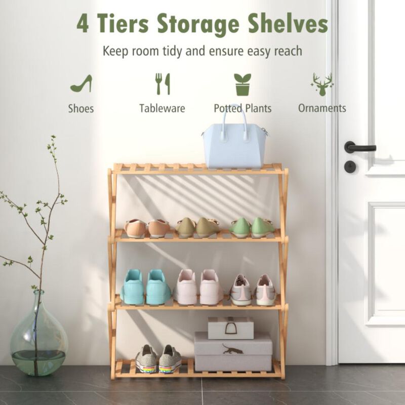 Hivvago 4-Tier Foldable Bamboo Shoe Rack with Slatted Shelves