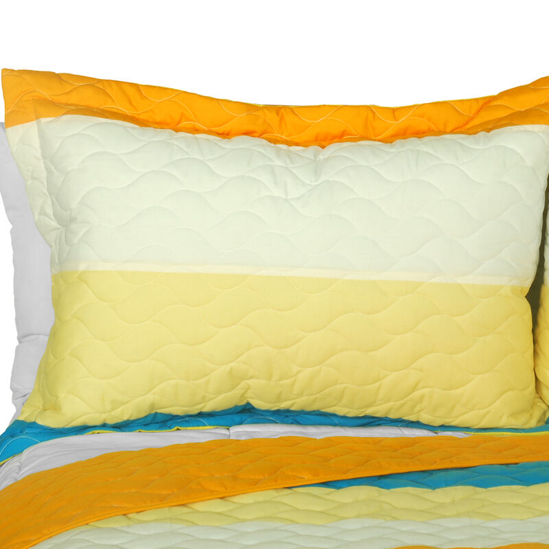 Cozy 3 Piece Reversible Quilt Set with Vermicelli Quilting and Patchwork Print-Yellow image number 4