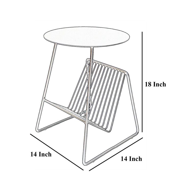 Zeo Side End Table w Magazine Rack, 14 Inch Round Top, White Metal