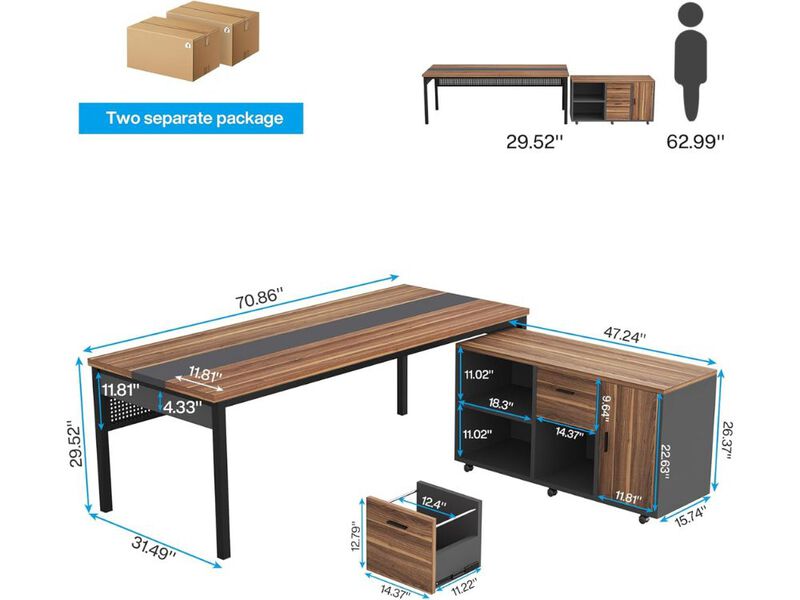 Executive Desk &ndash; 71" Walnut/Black L‑Shaped Office Table with File Cabinet & Shelves image number 2