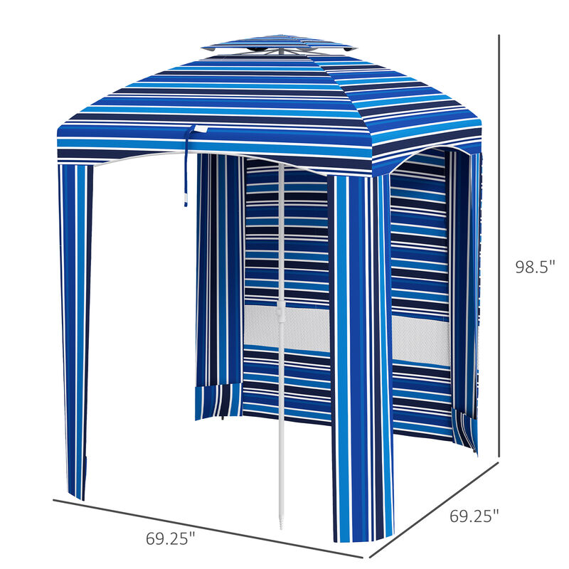 Outsunny 5.8' x 5.8' Portable Beach Umbrella with Double-top, Ruffled Outdoor Cabana with Vented Windows, Sandbags, Carry Bag, Blue Strip