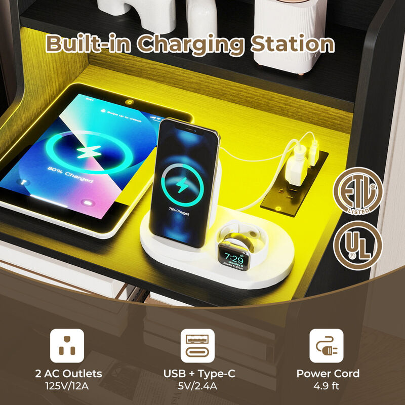 Nightstand End Table with LED Light and Charging Station for Bedroom and Living Room image number 3