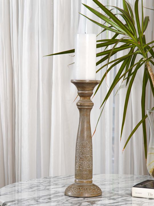 Traditional Gray Wash Eco-friendly Handmade Mango Wood Set Of One 12" Pillar Candle Holder BBH