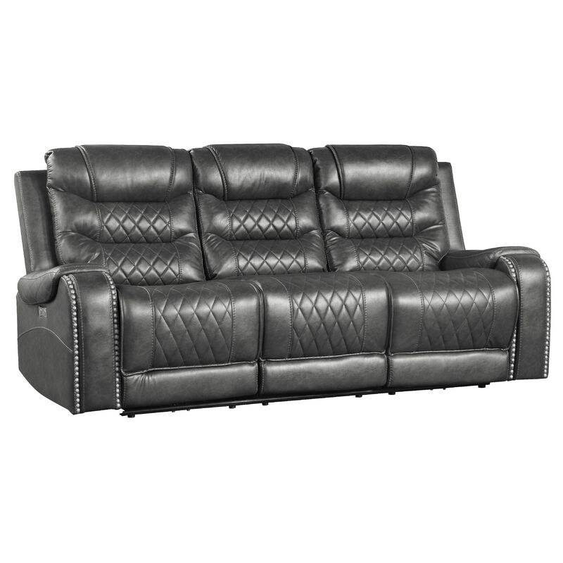 Paul Power Recliner Sofa, 87 Inch, Gray Faux Leather, Drop Down Table - Benjara image number 0