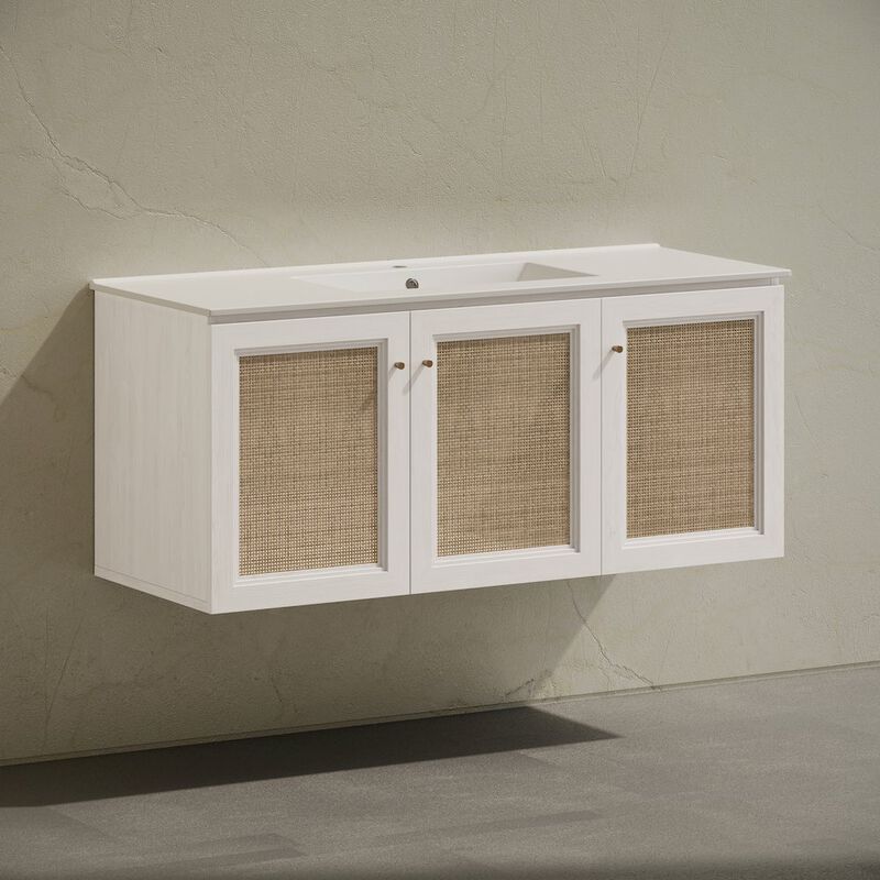 48" Wall-Mounted Bathroom Vanity in White Oak with Single Faucet Hole Vanity Top image number 2