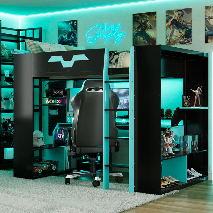 Merax Full Size Gaming Loft Bed with RGB LED, Power Hub, Work Desk & Multi-Tier Storage