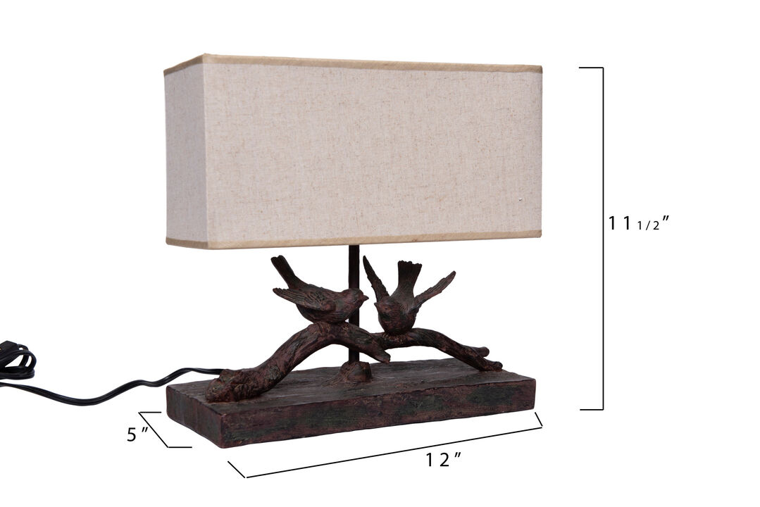 Rustic Resin Bird Lamp with Rectangle Shade, Black and Flax
