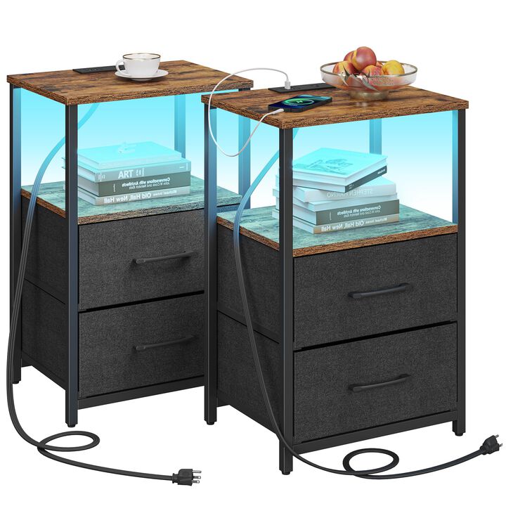 TUTOTAK LED End Table with Charging Station, Nightstand with Cloth Drawer, Side Table with 1 USB Port and 1 Type-C Port, Set of