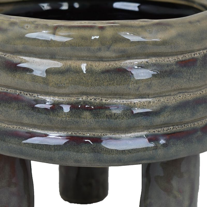 Garden Planter, Decorative Turned Style Glossy Gray Ceramic, 10 Inch - Benzara