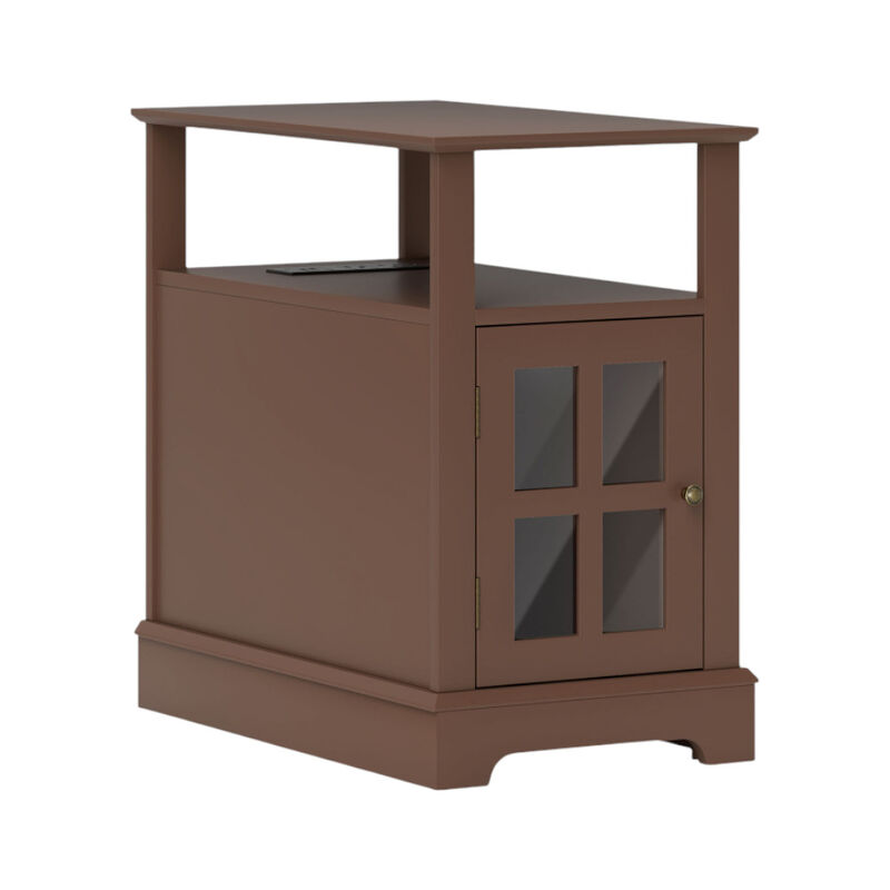 End Table with USB Ports, Open Middle Shelf and Cabinet Door for Living Room