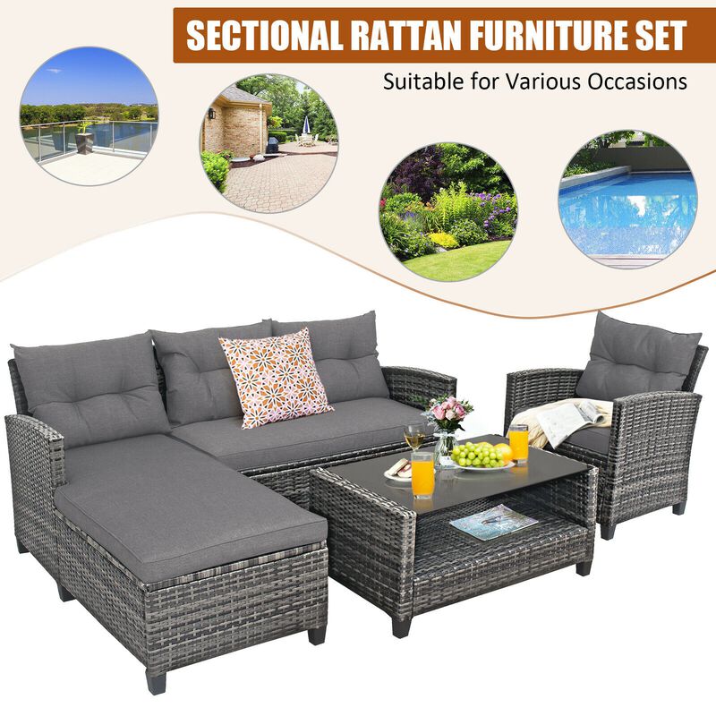 4 Pieces Patio Rattan Sofa Furniture Set with Cushion and 2-Tier Coffee Table image number 6