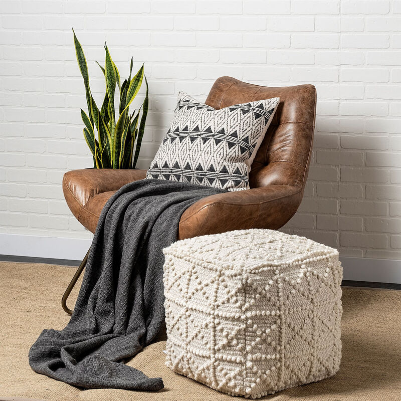Textured Wool Pouf Ottoman – Square Shape with Popcorn Detail