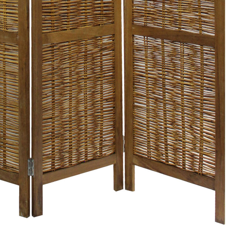 68 Inch Cottage Style 4 Panel Screen Room Divider, Willow Weaving, Brown - Benzara
