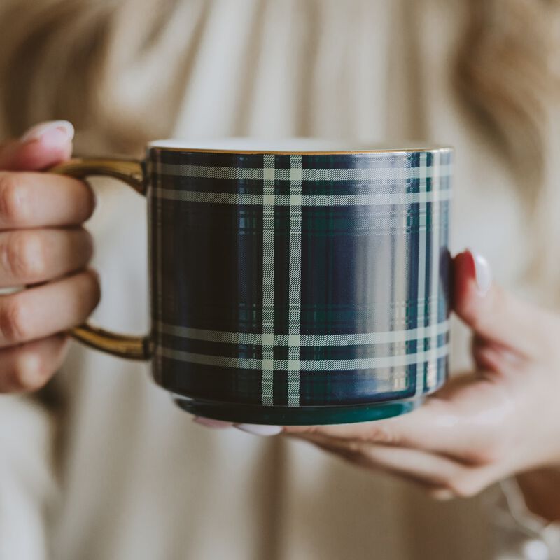Navy Plaid 14 oz Gold Handle Coffee Mug image number 3