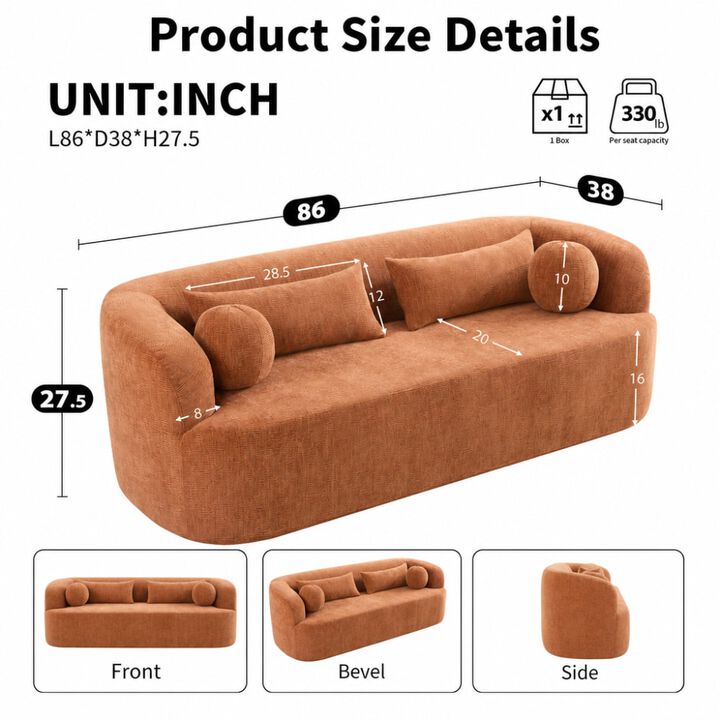 GOODSILO 86" Curved Cloud Couch Chenille Upholstered 3-Seater Boneless Sofa with Pillows, High-Density Foam
