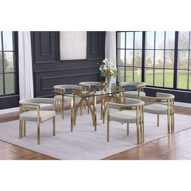 Best Quality Furniture 7Pc Tempered Glass Dining Table Set With 6 Rich Gray With Matte Gold Side Chairs