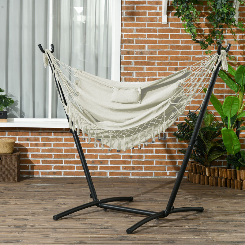 Outsunny Patio Hammock Chair with Stand, Outdoor Hammock Swing Hanging Lounge Chair with Side Pocket and Headrest, Cream White
