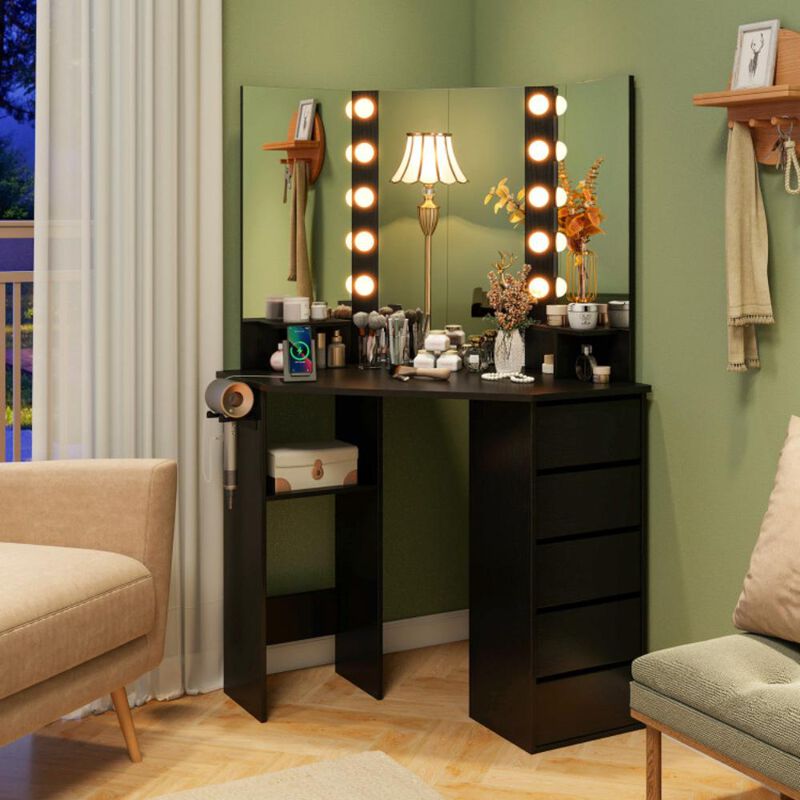 Hivvago Corner Vanity Desk with 3-Color LED Lighted Mirror and Power Outlet