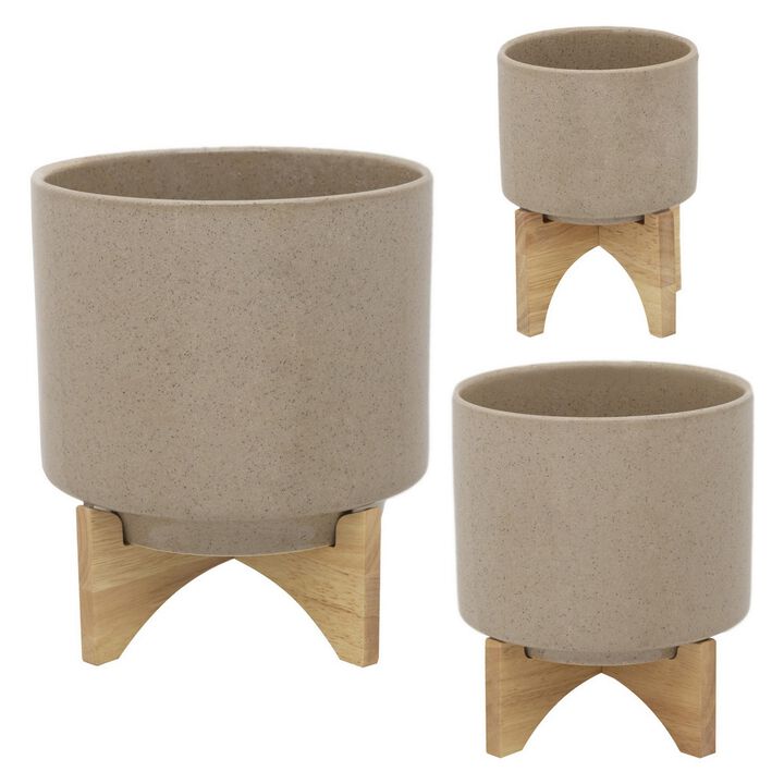 Ceramic Planter with Terrazzo Design and Wooden Stand, Large, Beige- Benzara